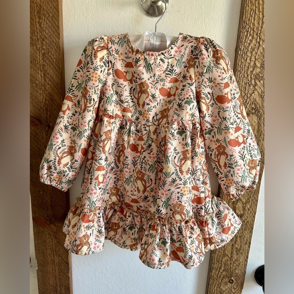 Baby Girl 12-18m Woodland Animals Floral Ruffle Hem Long Sleeve Dress